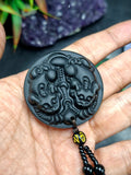 Black Obsidian Two Pixiu Pendant with Obsidian Bead Mala – A Symbol of Wealth, Protection, and Spiritual Growth | Gemstone Mala | Birthday Gift