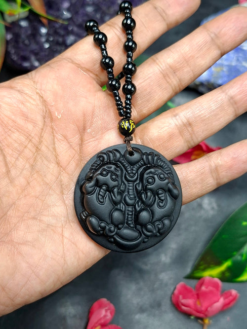 Black Obsidian Two Pixiu Pendant with Obsidian Bead Mala – A Symbol of Wealth, Protection, and Spiritual Growth | Gemstone Mala | Birthday Gift