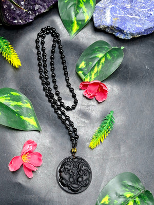 Black Obsidian Two Pixiu Pendant with Obsidian Bead Mala – A Symbol of Wealth, Protection, and Spiritual Growth | Gemstone Mala | Birthday Gift