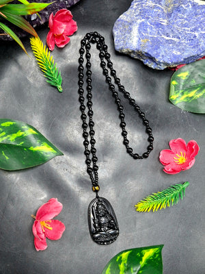 Black Obsidian Achala Pendant with Beaded Mala – A Symbol of Unshakable Strength, Protection, and Spiritual Discipline | Gemstone Mala | Birthday Gift