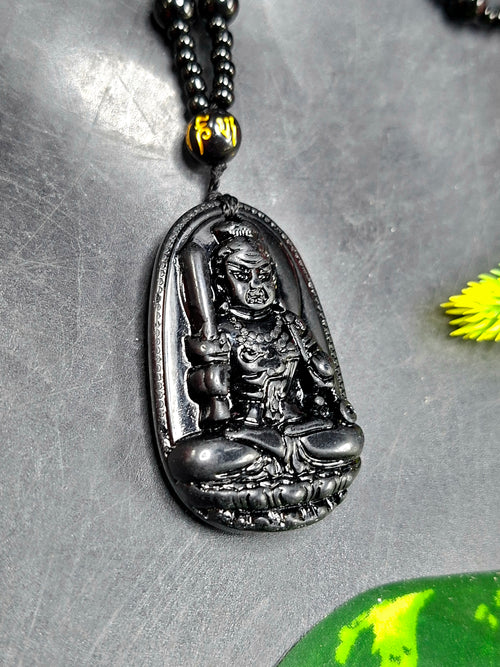 Black Obsidian Achala Pendant with Beaded Mala – A Symbol of Unshakable Strength, Protection, and Spiritual Discipline | Gemstone Mala | Birthday Gift
