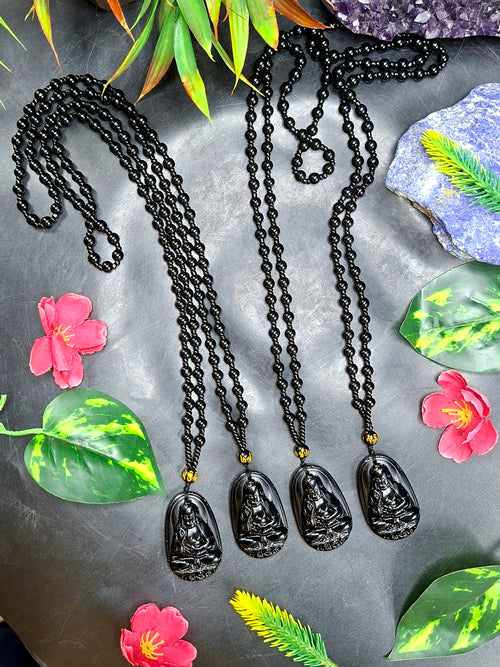 Black Obsidian Kwan Yin Pendant with Obsidian Bead Mala – A Divine Blend of Protection, Compassion, and Spiritual Harmony | Gemstone Mala | Birthday Gift | ONE PIECE ONLY