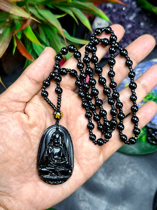 Black Obsidian Kwan Yin Pendant with Obsidian Bead Mala – A Divine Blend of Protection, Compassion, and Spiritual Harmony | Gemstone Mala | Birthday Gift | ONE PIECE ONLY