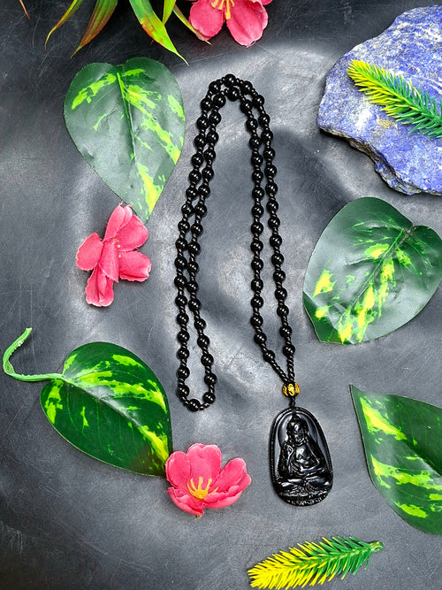 Black Obsidian Kwan Yin Pendant with Obsidian Bead Mala – A Divine Blend of Protection, Compassion, and Spiritual Harmony | Gemstone Mala | Birthday Gift | ONE PIECE ONLY