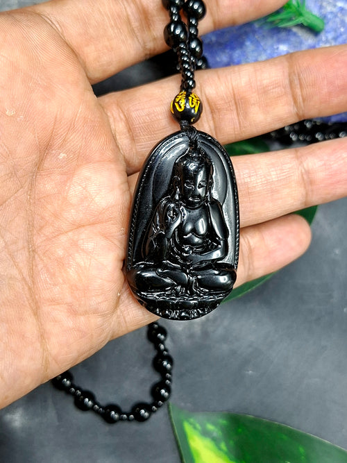 Black Obsidian Kwan Yin Pendant with Obsidian Bead Mala – A Divine Blend of Protection, Compassion, and Spiritual Harmony | Gemstone Mala | Birthday Gift | ONE PIECE ONLY