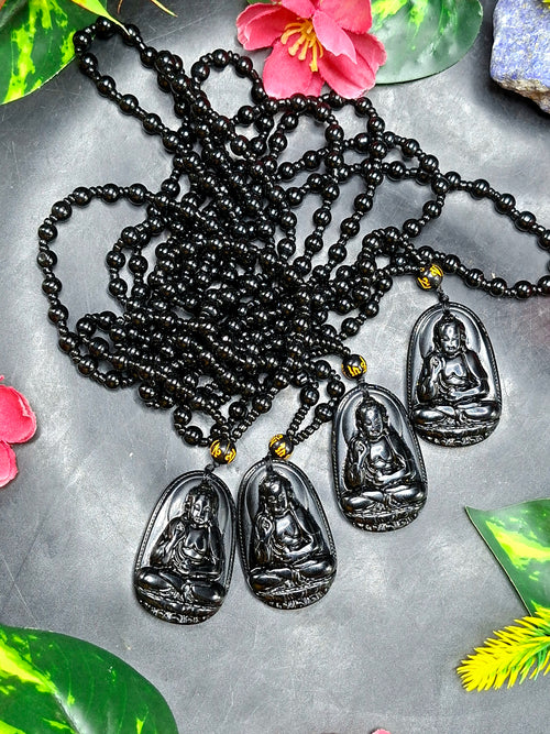 Black Obsidian Kwan Yin Pendant with Obsidian Bead Mala – A Divine Blend of Protection, Compassion, and Spiritual Harmony | Gemstone Mala | Birthday Gift | ONE PIECE ONLY