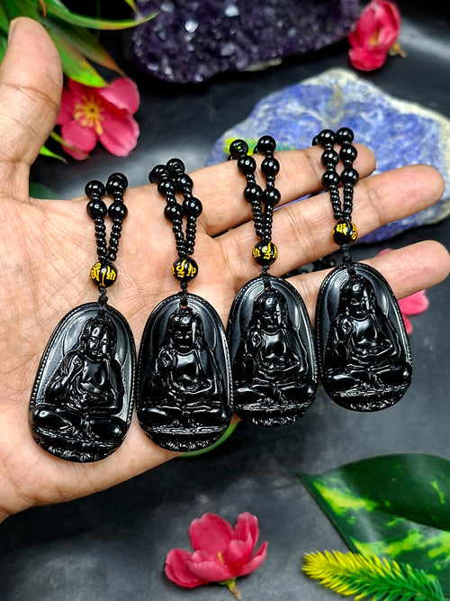 Black Obsidian Kwan Yin Pendant with Obsidian Bead Mala – A Divine Blend of Protection, Compassion, and Spiritual Harmony | Gemstone Mala | Birthday Gift | ONE PIECE ONLY