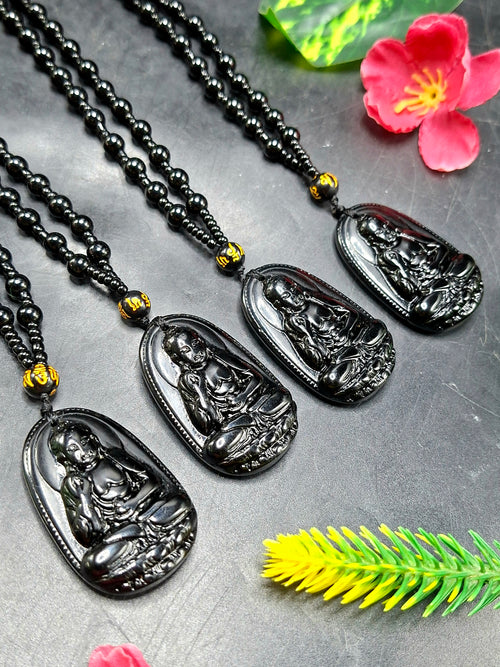 Black Obsidian Kwan Yin Pendant with Obsidian Bead Mala – A Divine Blend of Protection, Compassion, and Spiritual Harmony | Gemstone Mala | Birthday Gift | ONE PIECE ONLY