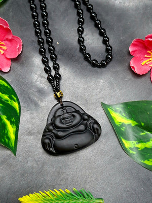 Black Obsidian Laughing Buddha Pendant with Obsidian Bead Mala – 15 Inch, 58 gms Spiritual Talisman for Joy, Protection & Positivity | Birthday Gift