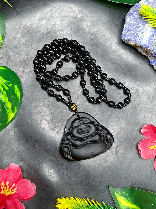 Black Obsidian Laughing Buddha Pendant with Obsidian Bead Mala – 15 Inch, 58 gms Spiritual Talisman for Joy, Protection & Positivity | Birthday Gift