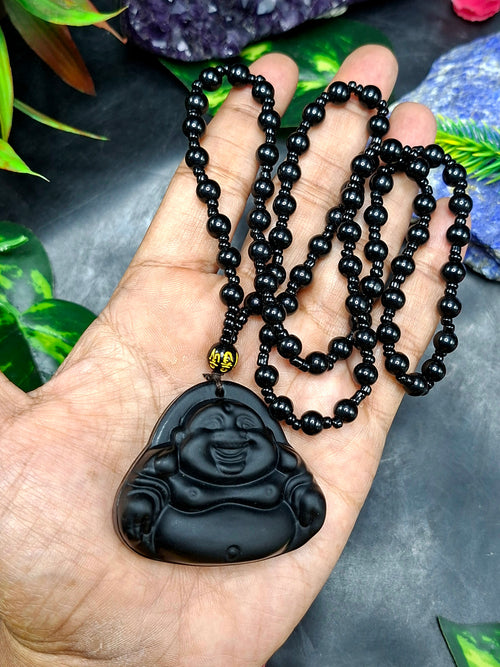 Black Obsidian Laughing Buddha Pendant with Obsidian Bead Mala – 15 Inch, 58 gms Spiritual Talisman for Joy, Protection & Positivity | Birthday Gift