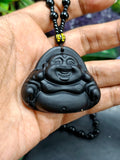 Black Obsidian Laughing Buddha Pendant with Obsidian Bead Mala – 15 Inch, 58 gms Spiritual Talisman for Joy, Protection & Positivity | Birthday Gift