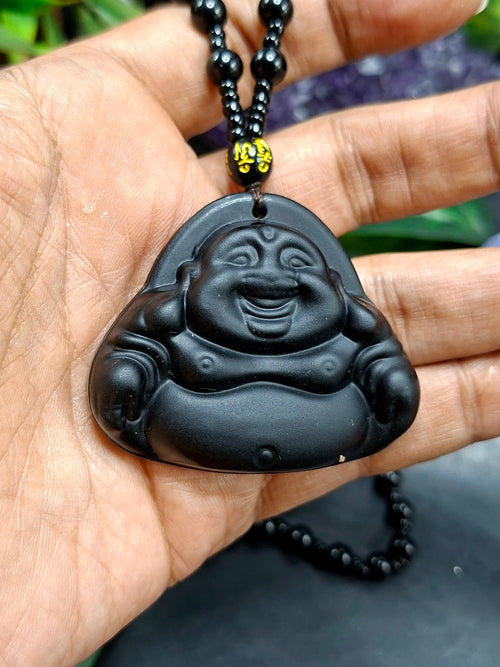 Black Obsidian Laughing Buddha Pendant with Obsidian Bead Mala – 15 Inch, 58 gms Spiritual Talisman for Joy, Protection & Positivity | Birthday Gift