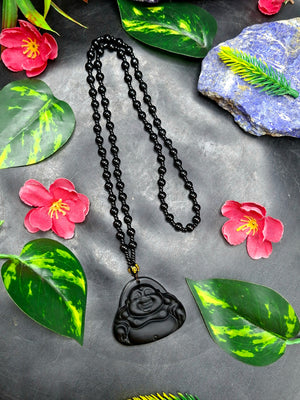 Black Obsidian Laughing Buddha Pendant with Obsidian Bead Mala – 15 Inch, 58 gms Spiritual Talisman for Joy, Protection & Positivity | Birthday Gift