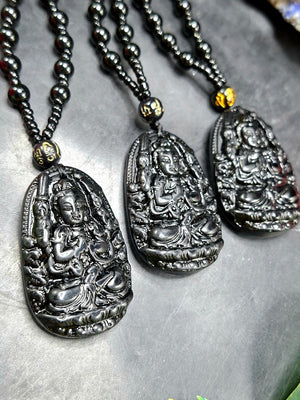 Black Obsidian Kwan Yin Pendant with Obsidian Bead Mala – 15 Inch, 58 gms Talisman for Protection, Healing & Divine Guidance | Gemstone Mala | Birthday Gift | ONE PIECE ONLY