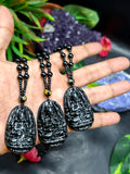 Black Obsidian Kwan Yin Pendant with Obsidian Bead Mala – 15 Inch, 58 gms Talisman for Protection, Healing & Divine Guidance | Gemstone Mala | Birthday Gift | ONE PIECE ONLY