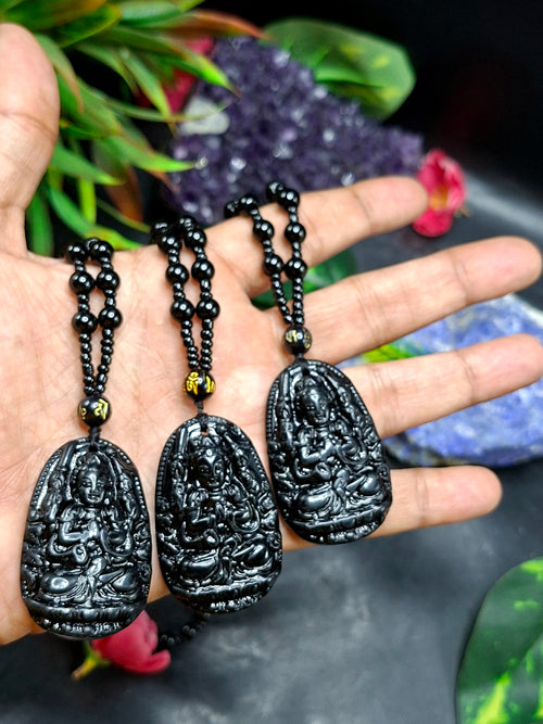 Black Obsidian Kwan Yin Pendant with Obsidian Bead Mala – 15 Inch, 58 gms Talisman for Protection, Healing & Divine Guidance | Gemstone Mala | Birthday Gift | ONE PIECE ONLY