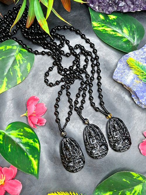 Black Obsidian Kwan Yin Pendant with Obsidian Bead Mala – 15 Inch, 58 gms Talisman for Protection, Healing & Divine Guidance | Gemstone Mala | Birthday Gift | ONE PIECE ONLY