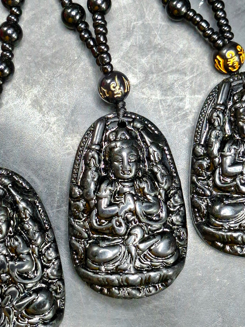 Black Obsidian Kwan Yin Pendant with Obsidian Bead Mala – 15 Inch, 58 gms Talisman for Protection, Healing & Divine Guidance | Gemstone Mala | Birthday Gift | ONE PIECE ONLY