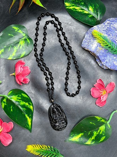 Black Obsidian Kwan Yin Pendant with Obsidian Bead Mala – 15 Inch, 58 gms Talisman for Protection, Healing & Divine Guidance | Gemstone Mala | Birthday Gift | ONE PIECE ONLY