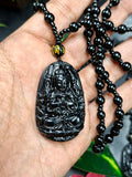 Black Obsidian Kwan Yin Pendant with Obsidian Bead Mala – 15 Inch, 58 gms Talisman for Protection, Healing & Divine Guidance | Gemstone Mala | Birthday Gift | ONE PIECE ONLY