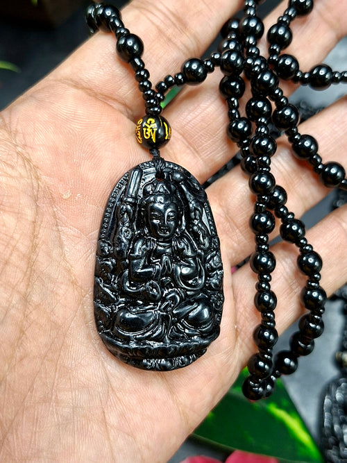 Black Obsidian Kwan Yin Pendant with Obsidian Bead Mala – 15 Inch, 58 gms Talisman for Protection, Healing & Divine Guidance | Gemstone Mala | Birthday Gift | ONE PIECE ONLY