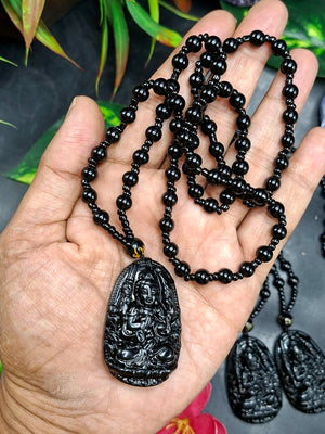 Black Obsidian Kwan Yin Pendant with Obsidian Bead Mala – 15 Inch, 58 gms Talisman for Protection, Healing & Divine Guidance | Gemstone Mala | Birthday Gift | ONE PIECE ONLY