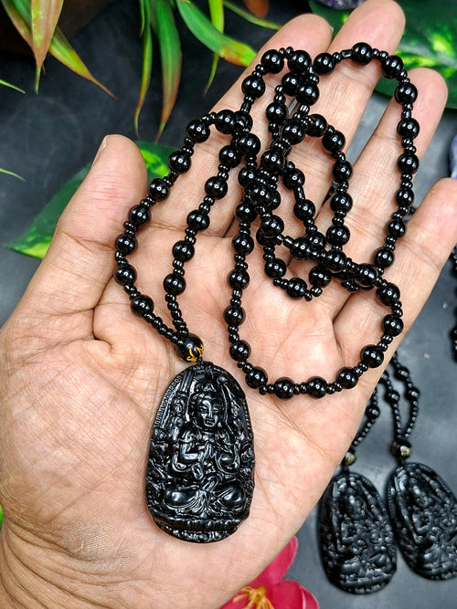 Black Obsidian Kwan Yin Pendant with Obsidian Bead Mala – 15 Inch, 58 gms Talisman for Protection, Healing & Divine Guidance | Gemstone Mala | Birthday Gift | ONE PIECE ONLY