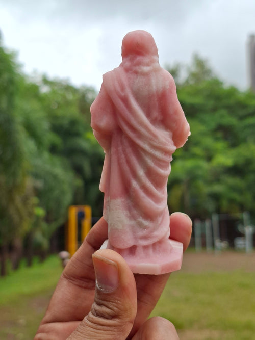 Lord Jesus Carving in Pink Opal Stone: A Rare Gemstone Statue of Divine Love and Healing | Weight 130 gms