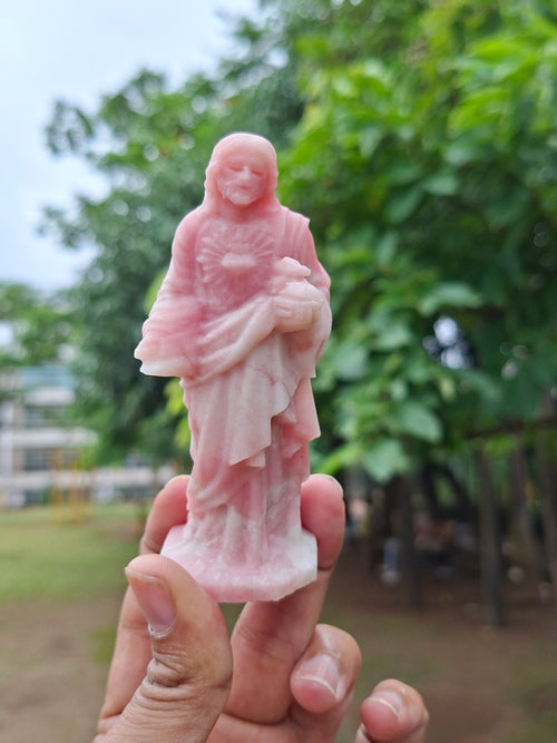 Lord Jesus Carving in Pink Opal Stone: A Rare Gemstone Statue of Divine Love and Healing | Weight 130 gms
