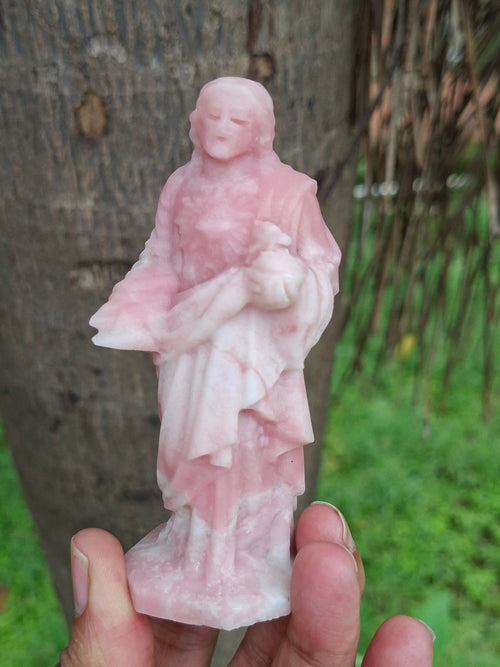 Lord Jesus Carving in Pink Opal Stone: A Rare Gemstone Statue of Divine Love and Healing | Weight 130 gms