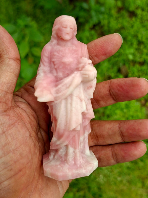 Lord Jesus Carving in Pink Opal Stone: A Rare Gemstone Statue of Divine Love and Healing | Weight 130 gms