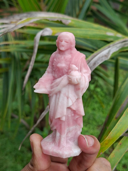 Lord Jesus Carving in Pink Opal Stone: A Rare Gemstone Statue of Divine Love and Healing | Weight 130 gms