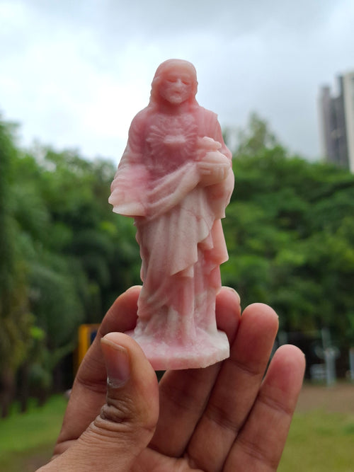 Lord Jesus Carving in Pink Opal Stone: A Rare Gemstone Statue of Divine Love and Healing | Weight 130 gms