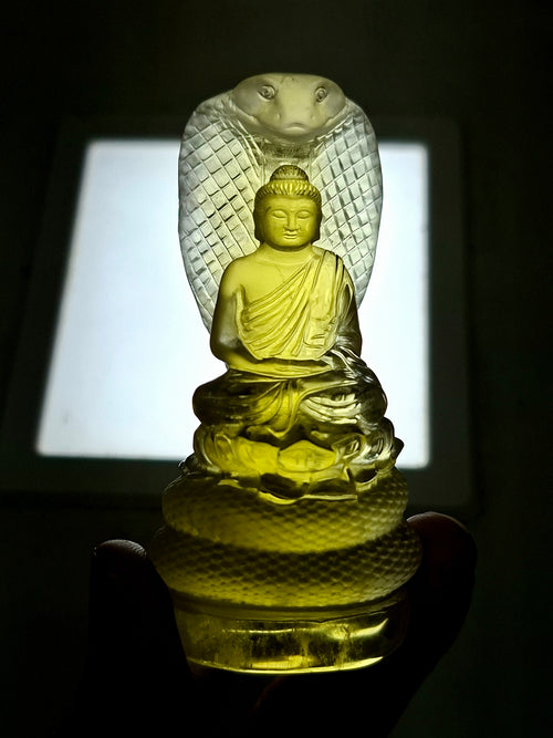Citrine Lord Buddha Protected by Serpent Carving – A Masterpiece of Protection, Abundance, and Spiritual Strength | Reiki/Chakra/Healing/Energy | Home Decor