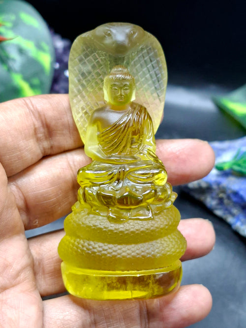 Citrine Lord Buddha Protected by Serpent Carving – A Masterpiece of Protection, Abundance, and Spiritual Strength | Reiki/Chakra/Healing/Energy | Home Decor