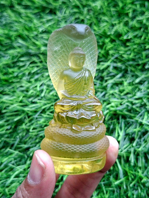 Citrine Lord Buddha Protected by Serpent Carving – A Masterpiece of Protection, Abundance, and Spiritual Strength | Reiki/Chakra/Healing/Energy | Home Decor