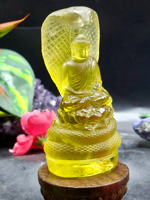 Citrine Lord Buddha Protected by Serpent Carving – A Masterpiece of Protection, Abundance, and Spiritual Strength | Reiki/Chakra/Healing/Energy | Home Decor