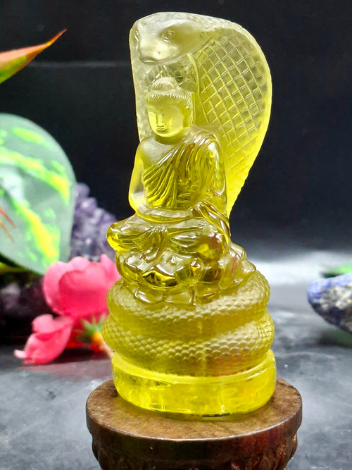 Citrine Lord Buddha Protected by Serpent Carving – A Masterpiece of Protection, Abundance, and Spiritual Strength | Reiki/Chakra/Healing/Energy | Home Decor
