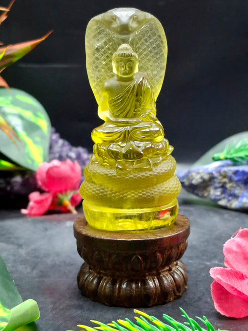 Citrine Lord Buddha Protected by Serpent Carving – A Masterpiece of Protection, Abundance, and Spiritual Strength | Reiki/Chakra/Healing/Energy | Home Decor