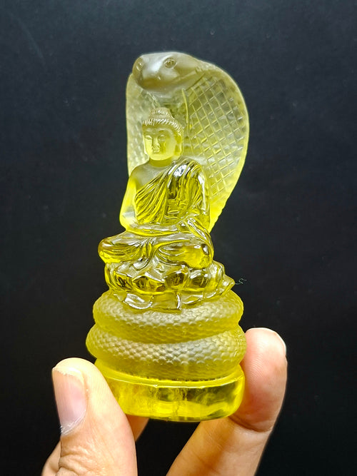 Citrine Lord Buddha Protected by Serpent Carving – A Masterpiece of Protection, Abundance, and Spiritual Strength | Reiki/Chakra/Healing/Energy | Home Decor