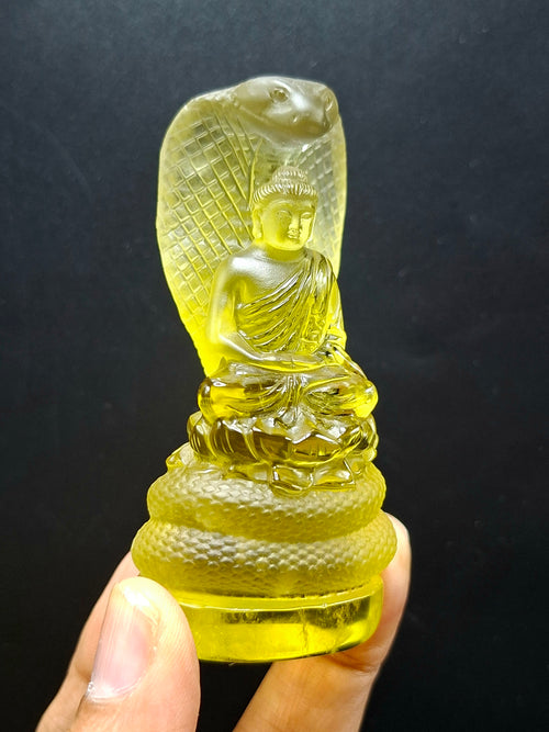 Citrine Lord Buddha Protected by Serpent Carving – A Masterpiece of Protection, Abundance, and Spiritual Strength | Reiki/Chakra/Healing/Energy | Home Decor
