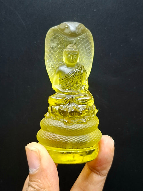Citrine Lord Buddha Protected by Serpent Carving – A Masterpiece of Protection, Abundance, and Spiritual Strength | Reiki/Chakra/Healing/Energy | Home Decor