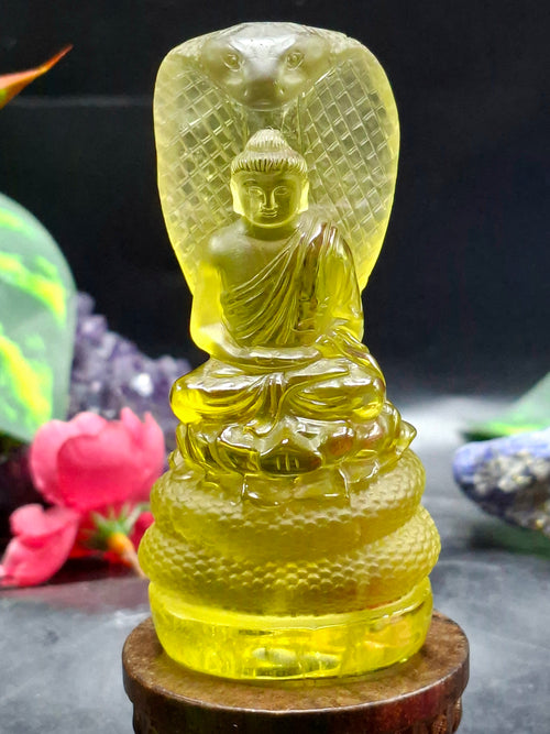 Citrine Lord Buddha Protected by Serpent Carving – A Masterpiece of Protection, Abundance, and Spiritual Strength | Reiki/Chakra/Healing/Energy | Home Decor