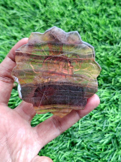 Guanyin Bodhisattva Carving on Lotus in Multi-Fluorite Stone – 113 gms, 3 Inch Spiritual Talisman for Décor, Protection & Meditation