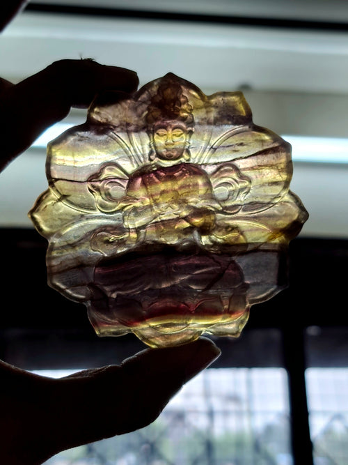 Guanyin Bodhisattva Carving on Lotus in Multi-Fluorite Stone – 113 gms, 3 Inch Spiritual Talisman for Décor, Protection & Meditation
