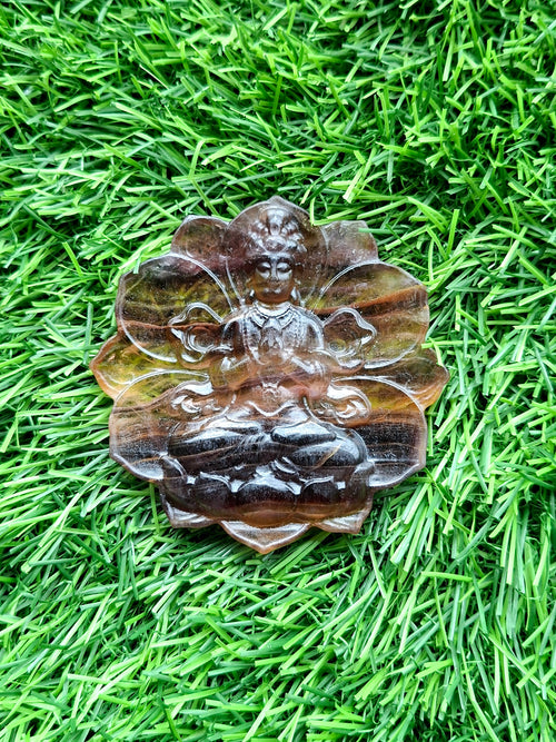 Guanyin Bodhisattva Carving on Lotus in Multi-Fluorite Stone – 113 gms, 3 Inch Spiritual Talisman for Décor, Protection & Meditation