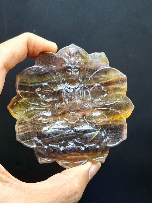 Guanyin Bodhisattva Carving on Lotus in Multi-Fluorite Stone – 113 gms, 3 Inch Spiritual Talisman for Décor, Protection & Meditation