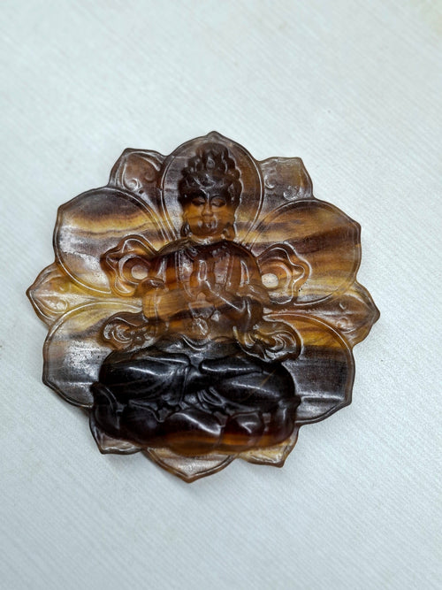 Guanyin Bodhisattva Carving on Lotus in Multi-Fluorite Stone – 113 gms, 3 Inch Spiritual Talisman for Décor, Protection & Meditation