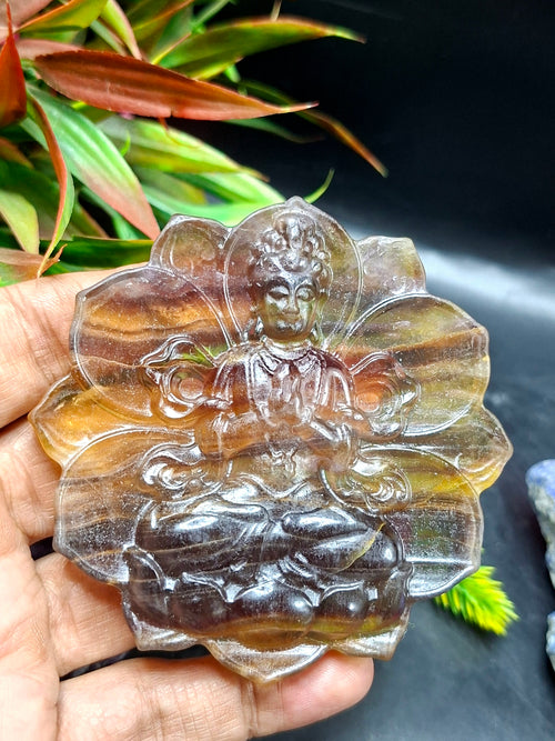 Guanyin Bodhisattva Carving on Lotus in Multi-Fluorite Stone – 113 gms, 3 Inch Spiritual Talisman for Décor, Protection & Meditation